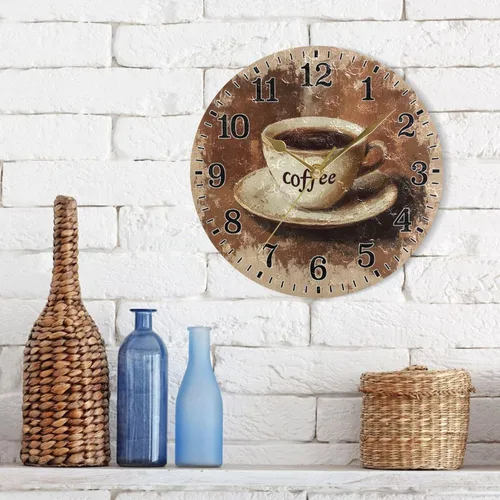 Vista 4 de JUNZAN Retro Coffee Cups Brown Round Bathroom Clocks Wallclock 10 Inch Light Outdoor Wall Clocks for Cafe Classroom Office Decorations