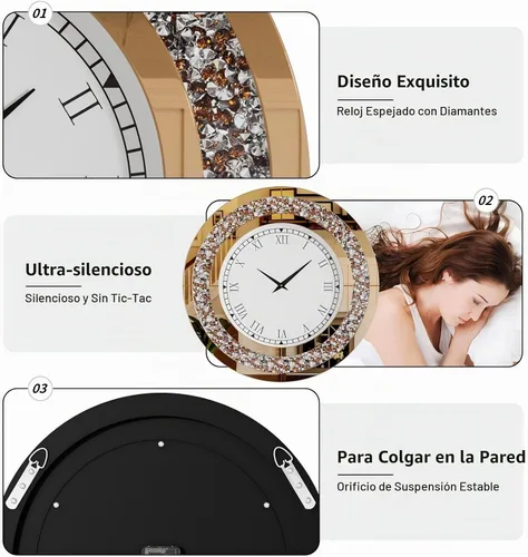 Vista 3 de Reloj de pared de diamante triturado redondo decorativo con espejo de 24 pulgadas, color marrón