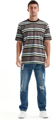 Vista 5 de KLIEGOU Camiseta a rayas con cuello redondo y ajuste holgado para hombre