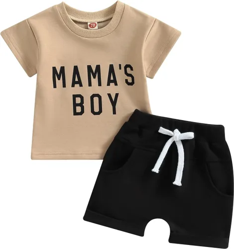Vista 20 de Conjunto de traje de verano para bebé niño pequeño, manga corta, cuello redondo, letras impresas, lindo traje de verano, conjunto de 2 piezas