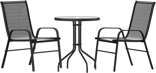 Vista 10 de Flash Furniture Brazos - Juego de comedor para patio al aire libre de 3 piezas, 2 sillas apilables flexibles color gris, mesa redonda de vidrio