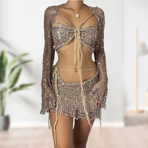 Vista 7 de Akloker Conjunto de falda de 3 piezas con lentejuelas para mujer, Y2K, de punto, de ganchillo, manga larga, halter, cárdigan, falda corta, trajes
