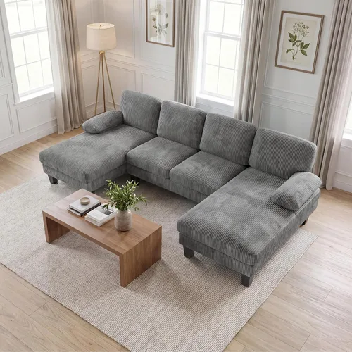 Vista 10 de JUMMICO Sofás Seccionales para Sala de Estar, Sofá en Forma de U con Tela de Chenilla, Sofá Moderno de 4 Asientos con Almohadas Removibles