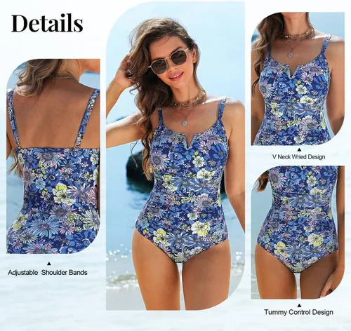 Vista 2 de JASAMBAC Traje de baño de una pieza para mujer, con control de abdomen, adelgazante, con alambre en V, correa ajustable