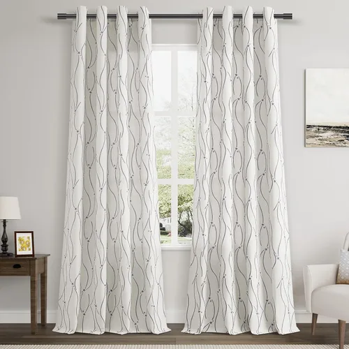 Vista 25 de Joywell Cortinas jacquard con ojales para sala de estar, 108 pulgadas de largo, línea ondulada negra con patrón de puntos, cortinas bordadas