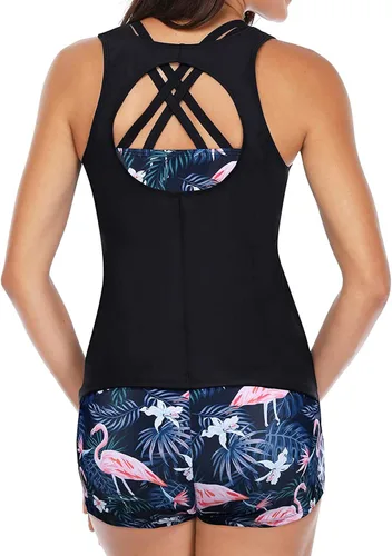 Vista 2 de Yonique - Trajes de baño de 3 piezas para mujeres, tankini, camiseta de tirantes para nadar con pantalones cortos y un brasier, traje de baño modesto