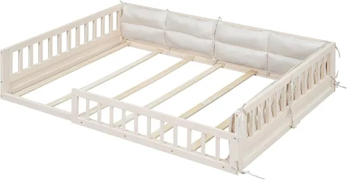 Vista 5 de Cama de plataforma de tamaño matrimonial con valla, plataforma tapizada de madera con barandilla y almohada, color beige