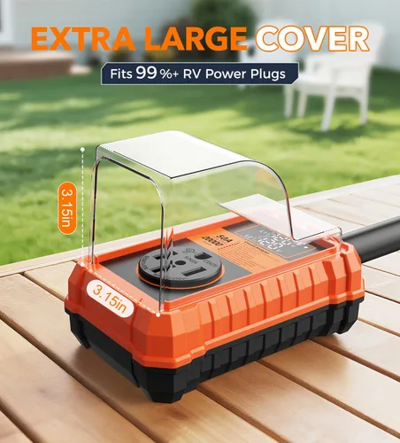 Vista 5 de Protector de sobretensiones RV de 50 amperios, analizador de circuito RV de 20000J con cubierta impermeable, pantalla LED, adaptador de enchufe RV