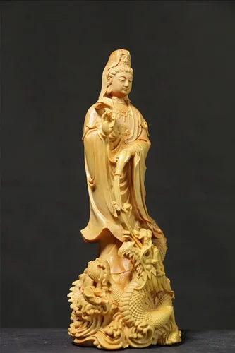 Vista 4 de Estatua de Quan Yin de pie en dragón, Kwan Yin Misericordia Diosa china Feng Shui escultura tallada a mano boj femenino Buda Budista Decoración