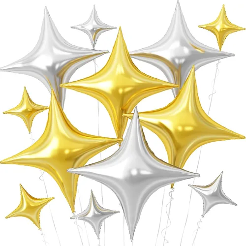 Vista 22 de Globos de Estrella Negra, 12 Piezas Globos de Papel de Aluminio de Estrella de Cuatro Ángulos, 26 Pulgadas y 10 Pulgadas Globo de Película de Negro