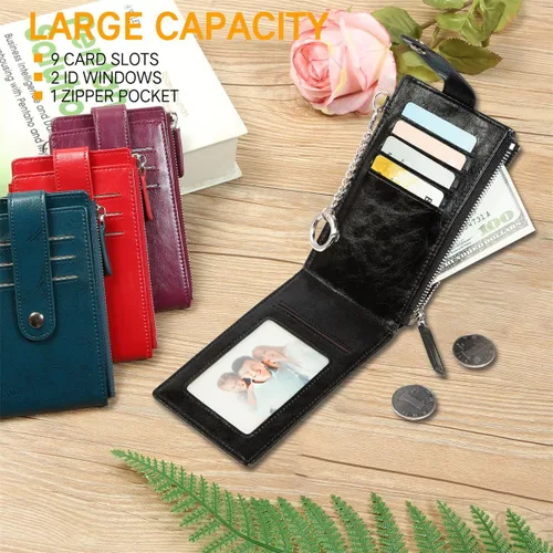 Vista 2 de Huztencor Tarjetero de crédito para mujer, cartera pequeña RFID para mujer, delgada, funda para tarjetas con cremallera múltiple con llavero