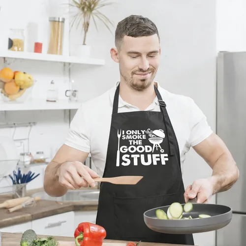 Vista 5 de Delantal divertido para hombres – I Only Smoke The Good Stuff – Delantal de cocina humorístico con 2 bolsillos y correa ajustable para el cuello