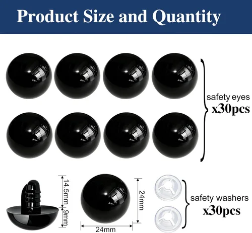Vista 3 de Thalinfayi - 60 ojos de seguridad y arandelas seguras para ganchillo Amigurumi - Ojos de seguridad de plástico grandes negros de 0.94 pulgadas, ojos