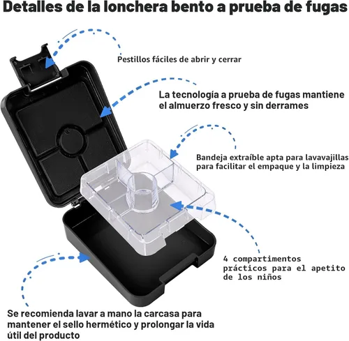 Vista 5 de Lonchera Bento para niños con termo de sopa de 10 onzas, recipientes de almuerzo a prueba de fugas con 4 compartimentos, tarro térmico para Negro