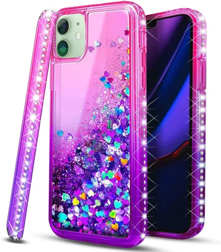 Vista 9 de STARSHOP Funda compatible con iPhone 11, con protector de pantalla de vidrio templado incluido: cubierta de arena movediza con purpurina flotante