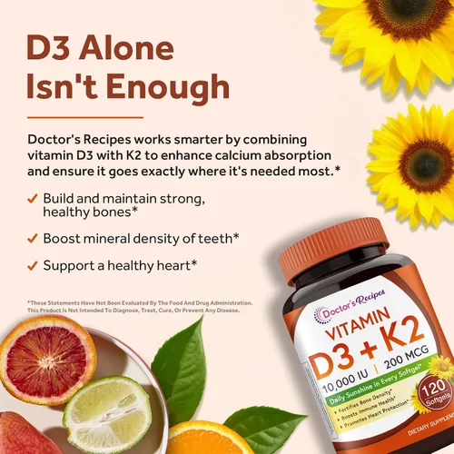 Vista 3 de Doctor's Recipes Vitamina D3 K2, 10,000 UI, 200 mcg, MK-7, fuerte densidad ósea, dientes, inmune, apoyo cardíaco, energía, absorción de calcio, sin