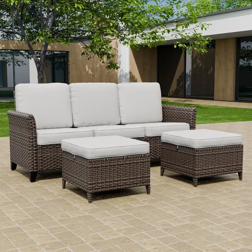 Vista 5 de Canyon Ridge - Sofá de mimbre para patio con 2 otomanas, muebles de balcón pequeños, juego de muebles de exterior, sofá de 3 asientos, marrón/beige