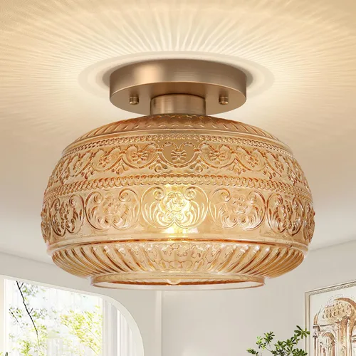 Vista 11 de Lámpara de Techo Semiempotrada, Luminaria Moderna Mejorada Cerca del Techo con Vidrio Transparente, Dorada, Iluminación Interior para Cocina