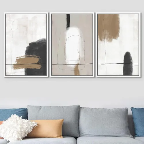 Vista 245 de SIGNFORD - Set de obras de arte en lienzo enmarcado para pared, ilustraciones abstractas de neblina del desierto en tonos neutros beige y marrón