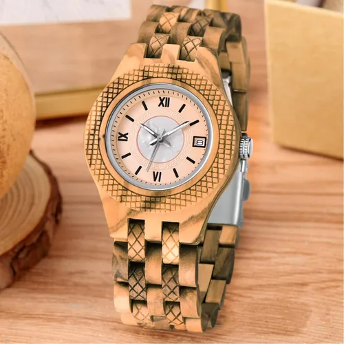 Vista 2 de Reloj ligero de cuarzo de madera para mujer, reloj analógico de cuarzo, correa de madera con cierre plegable, relojes de madera para mujer
