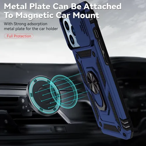 Vista 6 de Funda para iPhone 13 Pro Max de 6.7 pulgadas con protector de pantalla de vidrio templado y cubierta para cámara deslizante, anillo magnético Azul