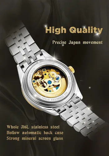 Vista 4 de BRIGADA Relojes para hombre, marca suiza, bonito y clásico, de lujo, dorado, mecánico, automático, para hombre, Oro