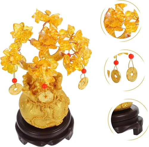 Vista 9 de Homoyoyo Feng Shui árbol del dinero citrino amarillo Crytal adorno chino riqueza Yuanbao Cake Topper 7.5 in riqueza fortuna buena suerte decoración