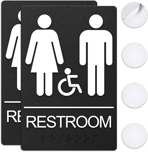 Vista 15 de Letreros de baño, letrero de baño para negocios, para hombres y mujeres, 9 x 6 pulgadas, cumple con la ADA con Braille, adhesivos fuertes de doble