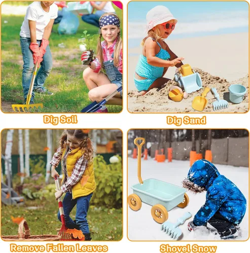 Vista 4 de Mostop Herramientas de jardinería para niños, juguetes al aire libre con carretilla, carretilla para niños de 4 a 8 años, juguetes educativos