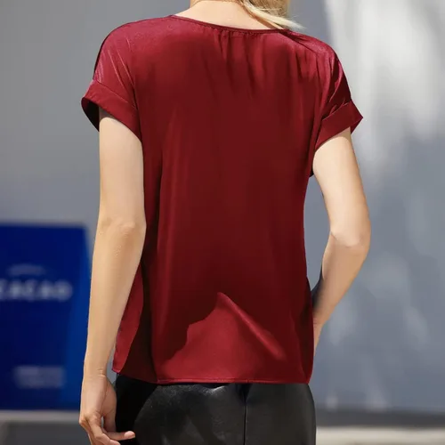 Vista 4 de Hugncmy Spring and Summer Women's Short Sleeved Satin Shirt Loose Casual Round Neck T Shirt Spandex T Shirts