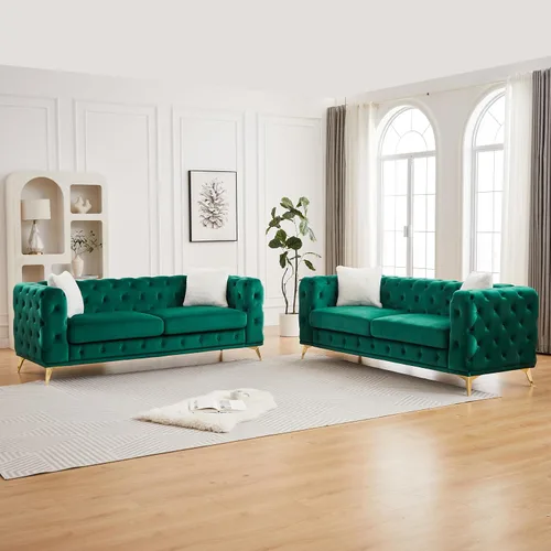 Vista 22 de KEIKI Sofá Chesterfield de terciopelo de lujo extragrande de 61 pulgadas con 2 almohadas, estilo mediados de siglo, sofá de 2 plazas con botones