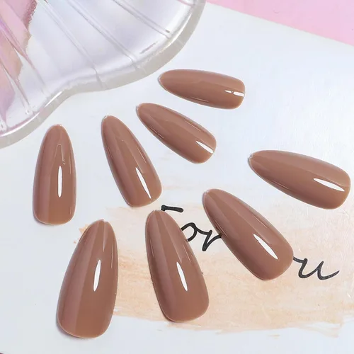 Vista 5 de Uñas postizas a presión marrón café, uñas postizas medianas de almendra, color sólido, cobertura completa, uñas postizas artificiales brillantes
