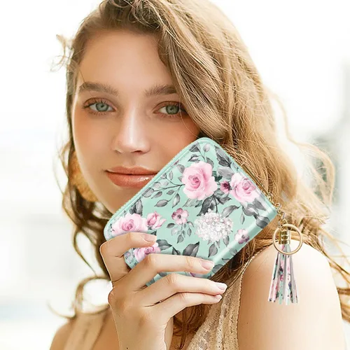 Vista 6 de Coco Rossi Billetera pequeña para tarjetas de crédito RFID con purpurina linda para mujer, C Flores verdes