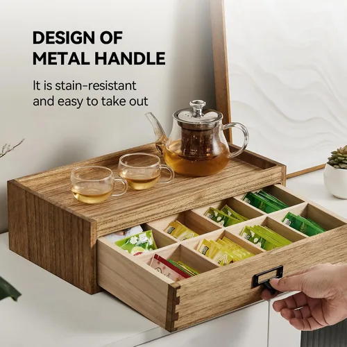 Vista 5 de KIRIGEN Caja de almacenamiento de té de madera maciza de Paulownia con 8 compartimentos, gabinete de té de madera hecho a mano con mango de metal