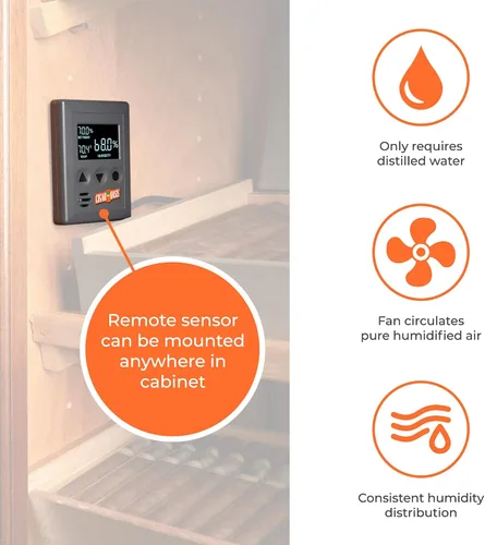 Vista 3 de Humidificador electrónico Cigar Oasis para gabinete / armario Humidificador LCD humidity and temperature display, Sensor-controlled fan