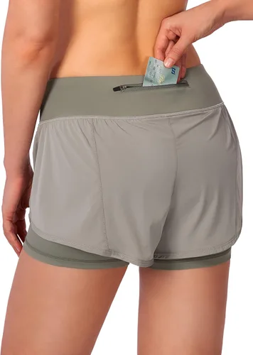 Vista 2 de Pantalones cortos para correr 2 en 1 para mujer para entrenamiento, atletismo, gimnasio, yoga cuenta con bolsillos para el teléfono.