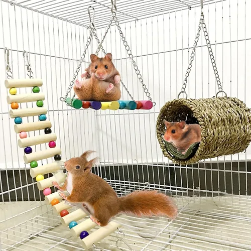 Vista 9 de Hamiledyi Hamster - Hamaca colgante de 3 piezas de madera para ratas, juego de columpios, accesorios para hámster sirio, planeador de azúcar
