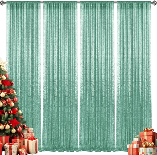 Vista 92 de 2 paneles de cortinas de fondo de lentejuelas verdes de 8 pies, cortinas de fondo de fotografía con purpurina para decoración de Navidad, boda