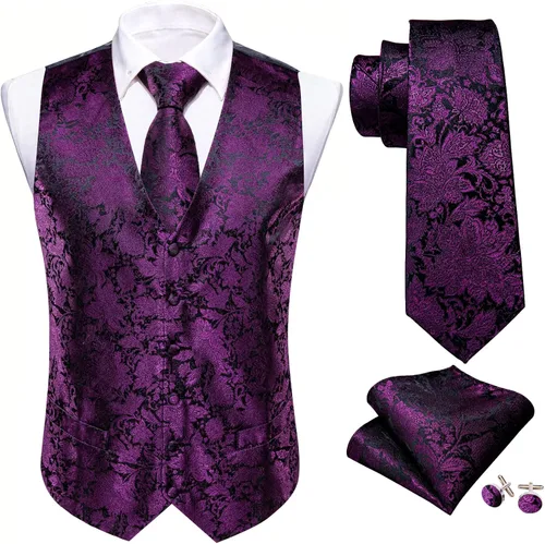 Vista 3 de Barry.Wang Chaleco de traje con cuello en V de cachemira para hombre, chaleco de jacquard de seda formalocio, conjunto de 5 piezas