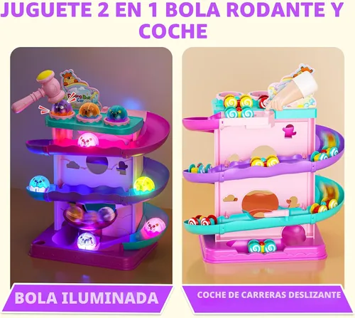 Vista 2 de Funwee Pista de bola rodante y coche de carreras de 2 en 1 para niños pequeños, pista de carreras con luz martillo y bola de caída, juego