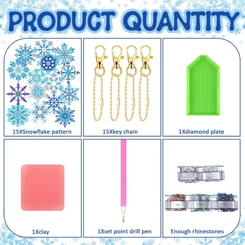 Vista 4 de BBTO 15 piezas de llavero de pintura de diamante de invierno con copos de nieve, adornos de pintura de diamante 5D DIY llavero de pintura