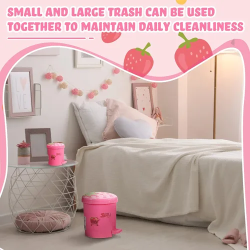 Vista 6 de Tessco for you 2 piezas de basura de escritorio de fresa, lindo bote de basura pequeño para encimera con tapa, cubo de basura pequeño Kawaii de Rosa