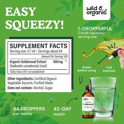 Vista 3 de Wild & Organic Goldenseal - Tintura de raíz – Limpieza pulmonar, apoyo inmunológico y digestivo – Suplemento líquido de sello dorado – Gotas