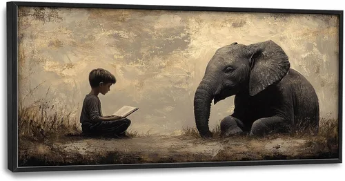 Vista 26 de Arte de pared grande de elefante Niño Leyendo Imágenes Decoración de Pared Animal Lienzo Elefante Estampado Pintura Obra de Arte Moderna Decoración
