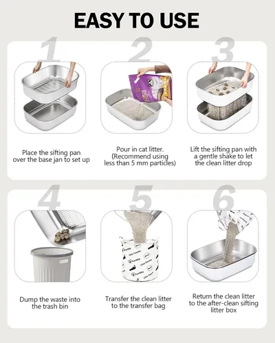 Vista 6 de Caja de arena tamizadora de acero inoxidable con tapa, bandeja de arena de metal con pala para gatos grandes y múltiples gatos, caja de arena