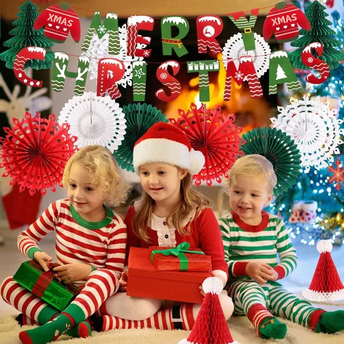 Vista 7 de Decoraciones de fiesta de Navidad, pancarta de Feliz Navidad, panal de abeja, sombreros de Papá Noel, árboles, copos de nieve, abanicos de papel