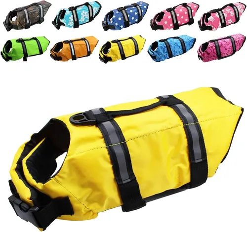 Vista 10 de Chaleco salvavidas para perros de fácil ajuste con cinturón ajustable para proteger las mascotas, traje de baño de seguridad para nadar con rayas