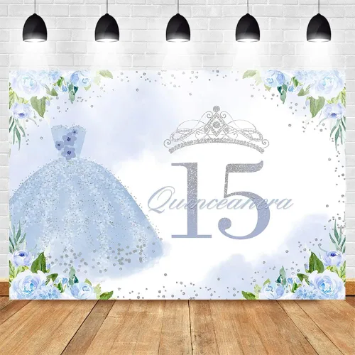 Vista 3 de Mocsicka Telón de fondo de cumpleaños de quinceañera para niña, decoración de fiesta de cumpleaños con diseño floral azul de 15 años, fondo
