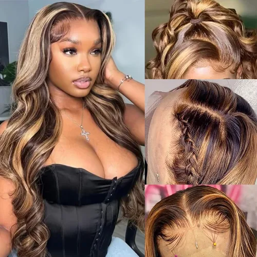 Vista 37 de Pelucas de encaje frontal de 13x4 Highlight Ombre de cabello humano ondulado 4/27 color rubio miel 9A sin pegamento HD encaje frontal transparente