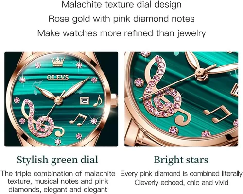 Vista 8 de OLEVS Relojes para mujer, oro rosa, de dos tonos, de moda, de cerámica, blanco, esfera rosa, roja, acero inoxidable, fecha impermeable